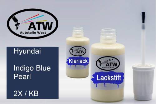 Hyundai, Indigo Blue Pearl, 2X / KB: 20ml Lackstift + 20ml Klarlack - Set, von ATW Autoteile West.